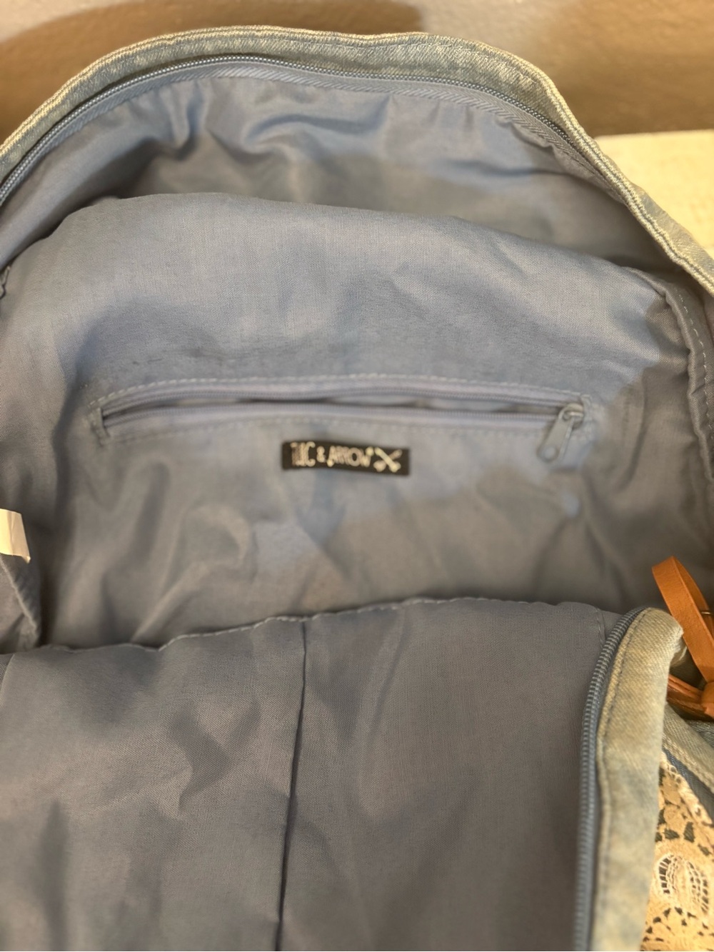 Twig and arrow Denim Blue Backpack with Cream Lace and Brown Trim - Picture 4 of 5